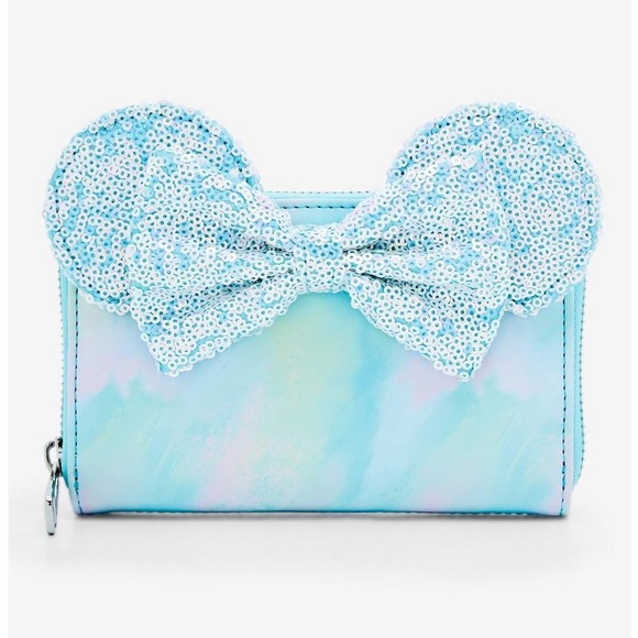 NEW Loungefly Disney Minnie Mouse blue Sequin Bow Mini Backpack and wallet set - Picture 10 of 12